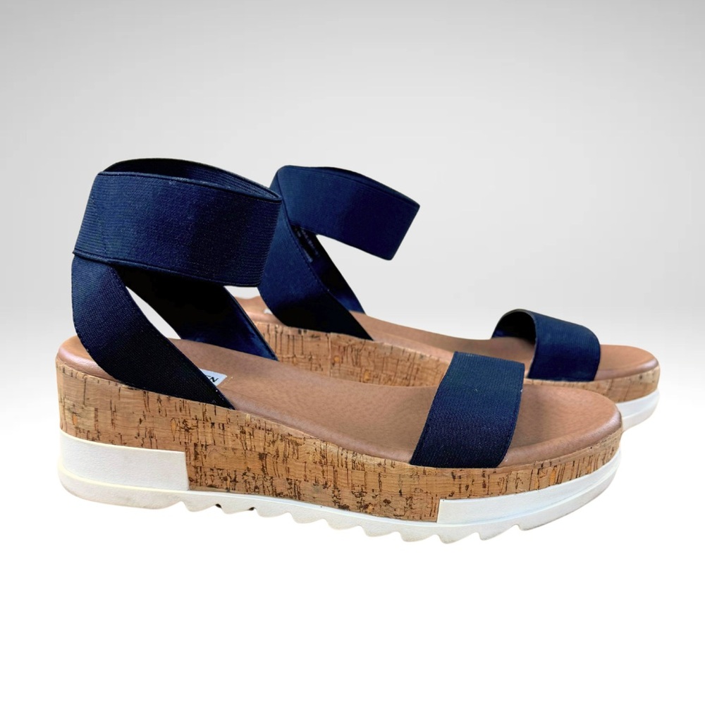 Steve Madden Bandi Cork-Wrapped Platform Wedge Sandal (8.5, BLACK)